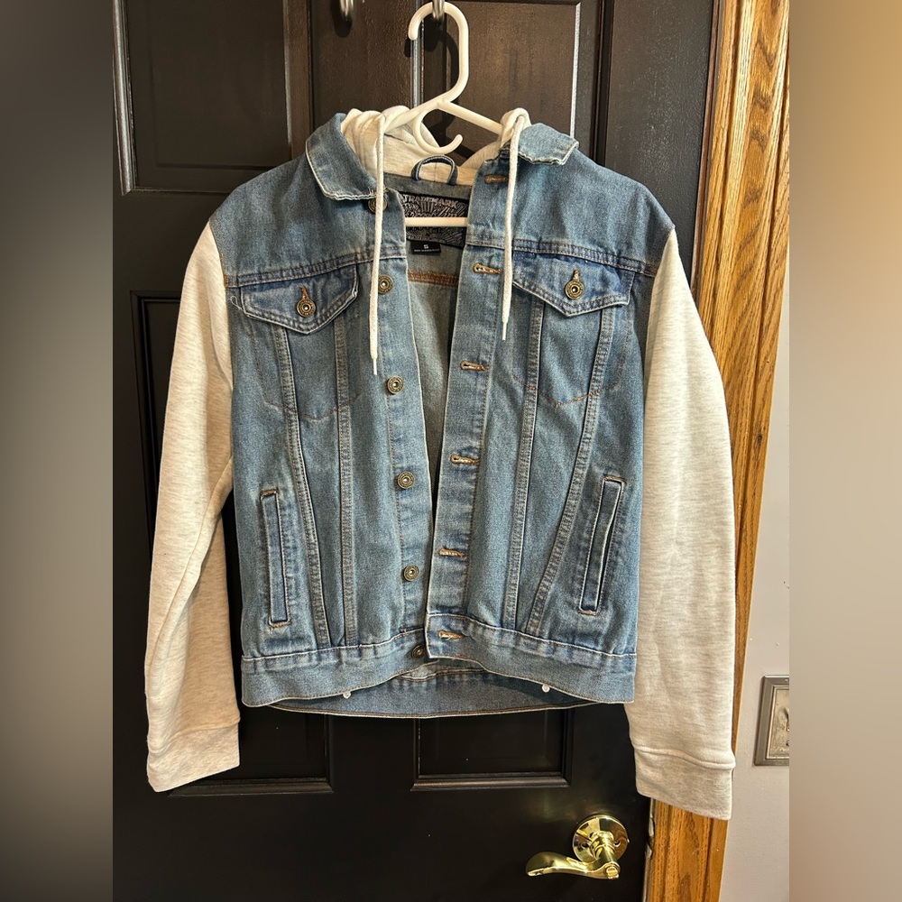 Brooklyn Cloth denim fleece sleeve hoodie trucker jacket